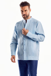 Guayabera de boda para hombre, 100 % lino, con cuello mandarín y detalles plisados