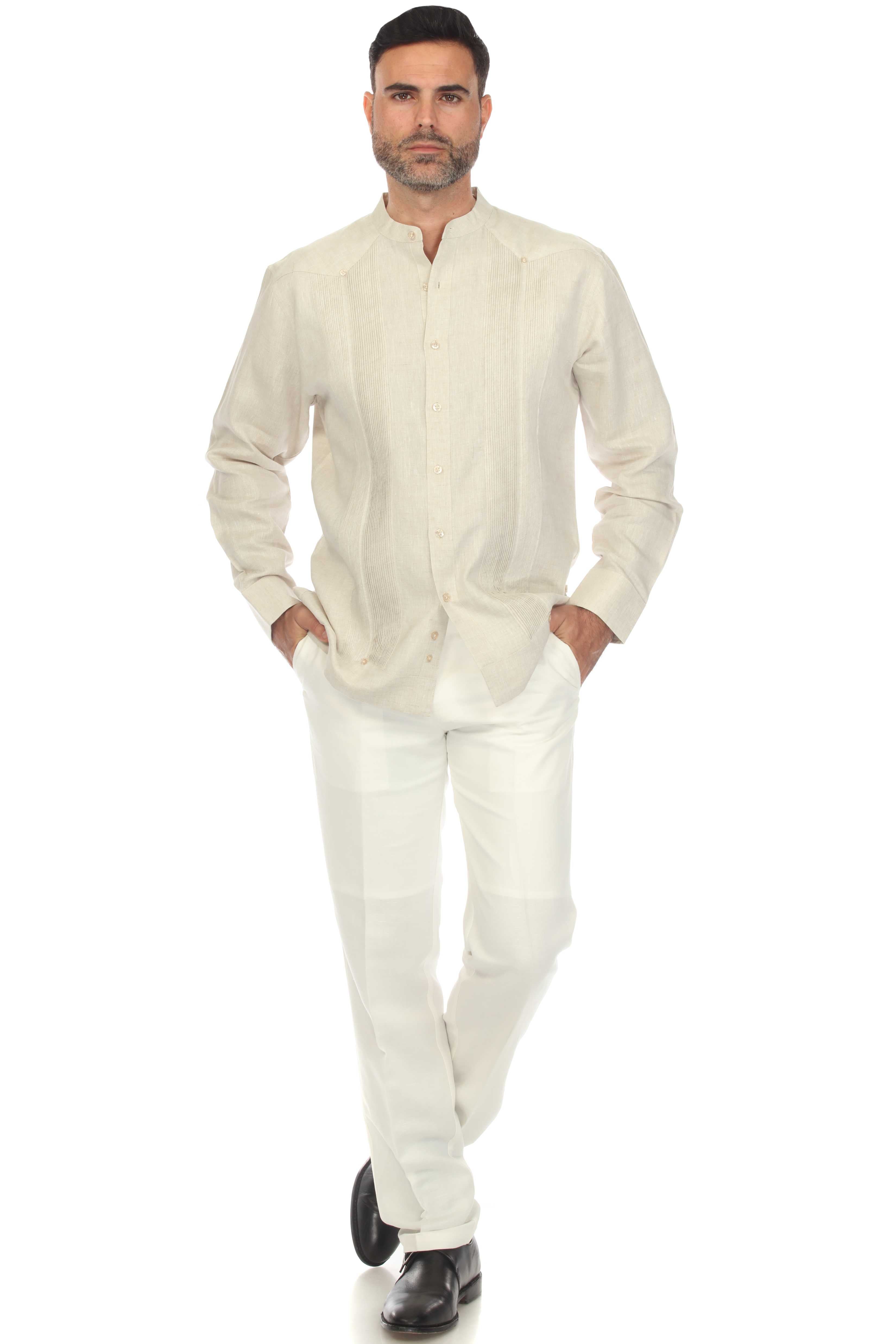 Guayabera de boda para hombre, 100 % lino, con cuello mandarín y detalles plisados