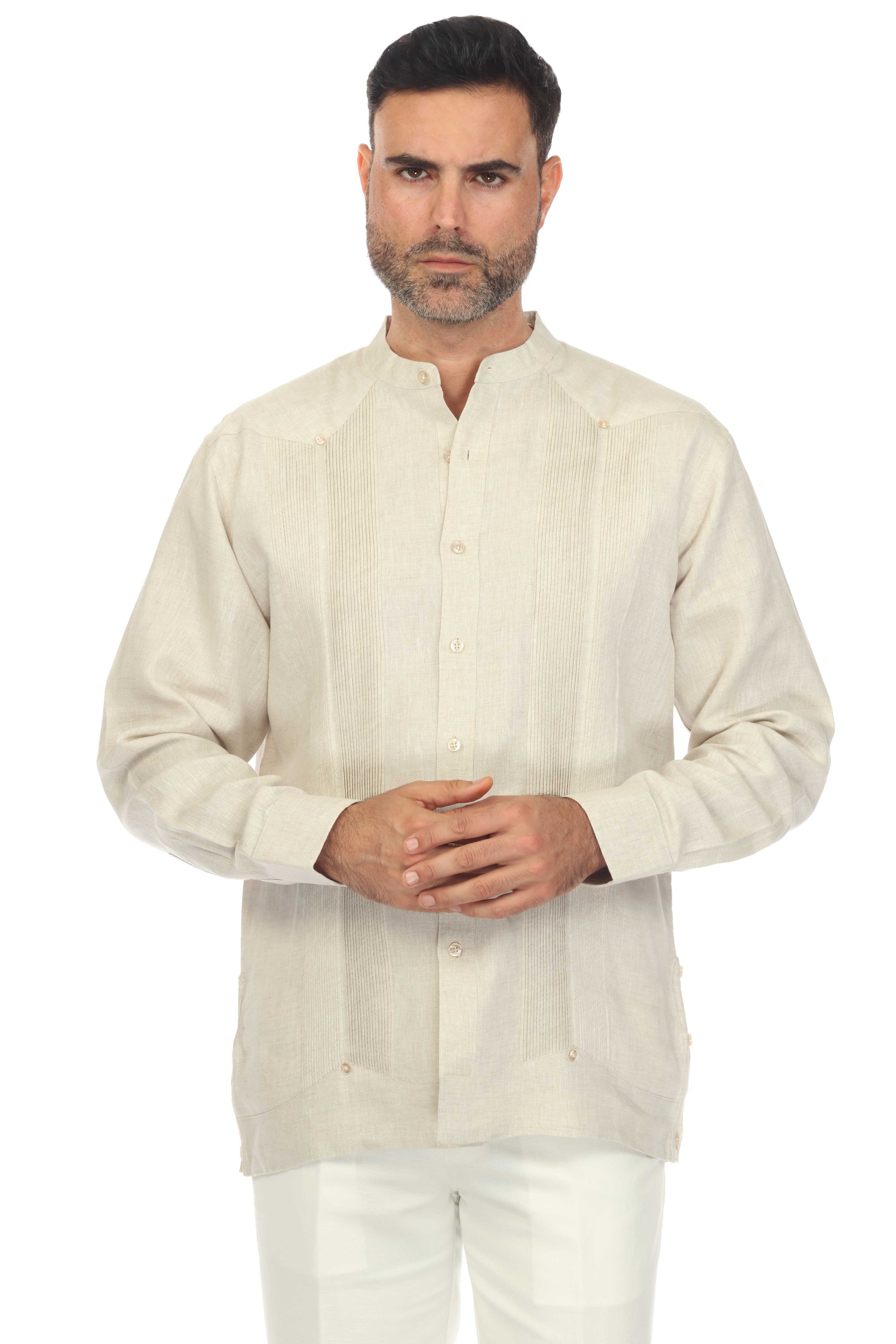 Guayabera de boda para hombre, 100 % lino, con cuello mandarín y detalles plisados