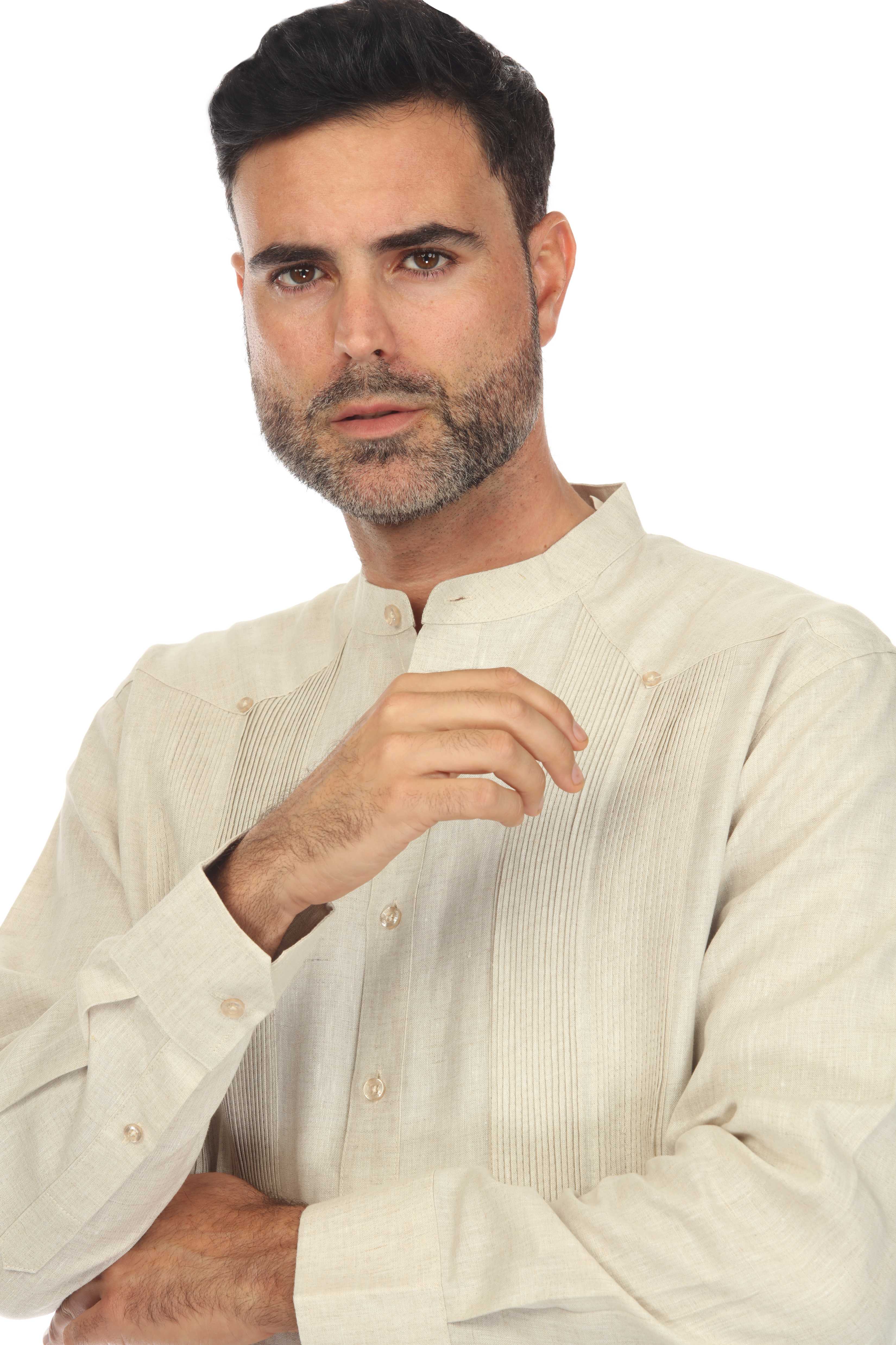 Guayabera de boda para hombre, 100 % lino, con cuello mandarín y detalles plisados