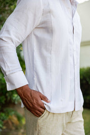 Camisa de boda para hombre 100% lino – Guayabera con pliegues enmarcados y puños franceses