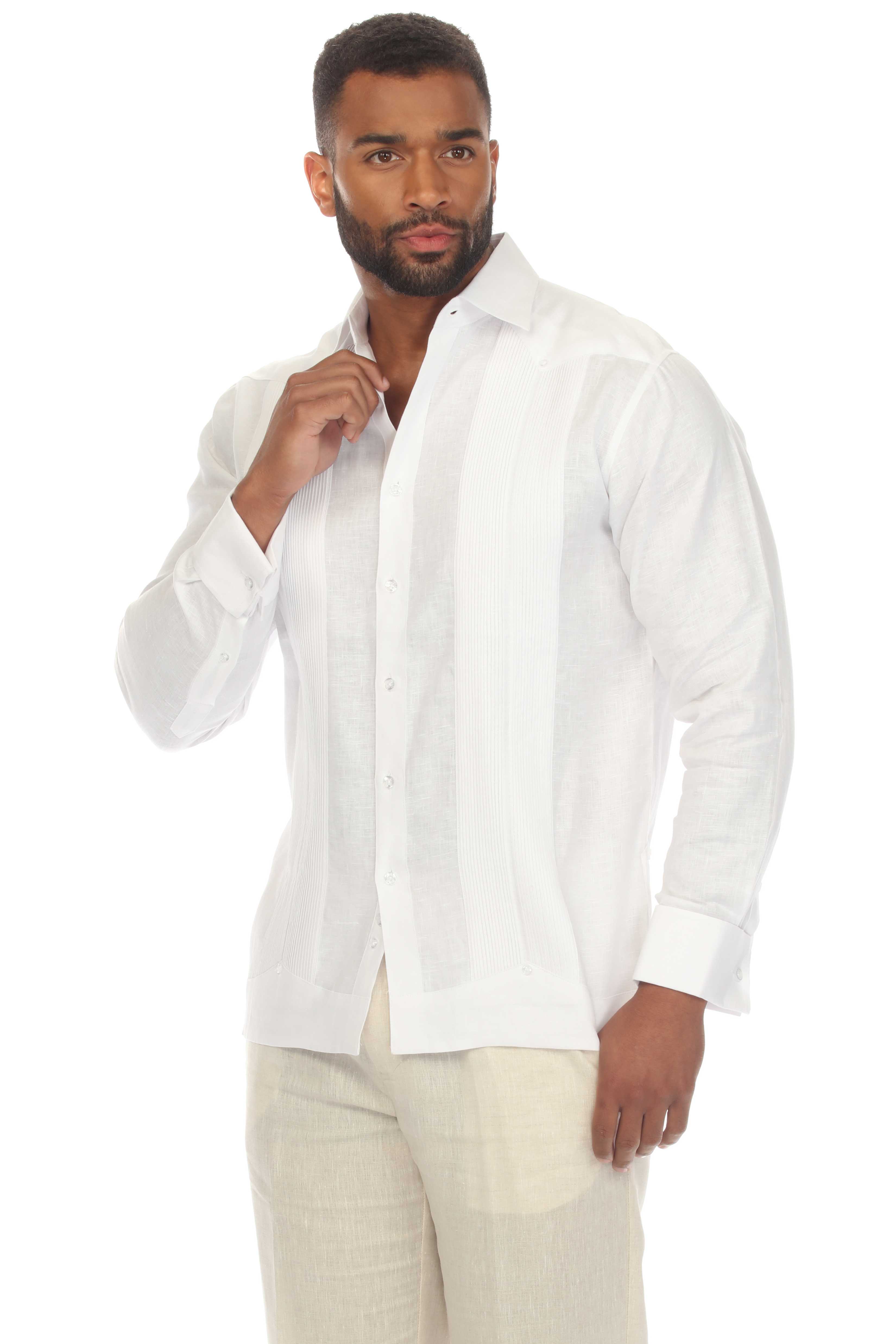 Camisa de boda para hombre 100% lino – Guayabera con pliegues enmarcados y puños franceses