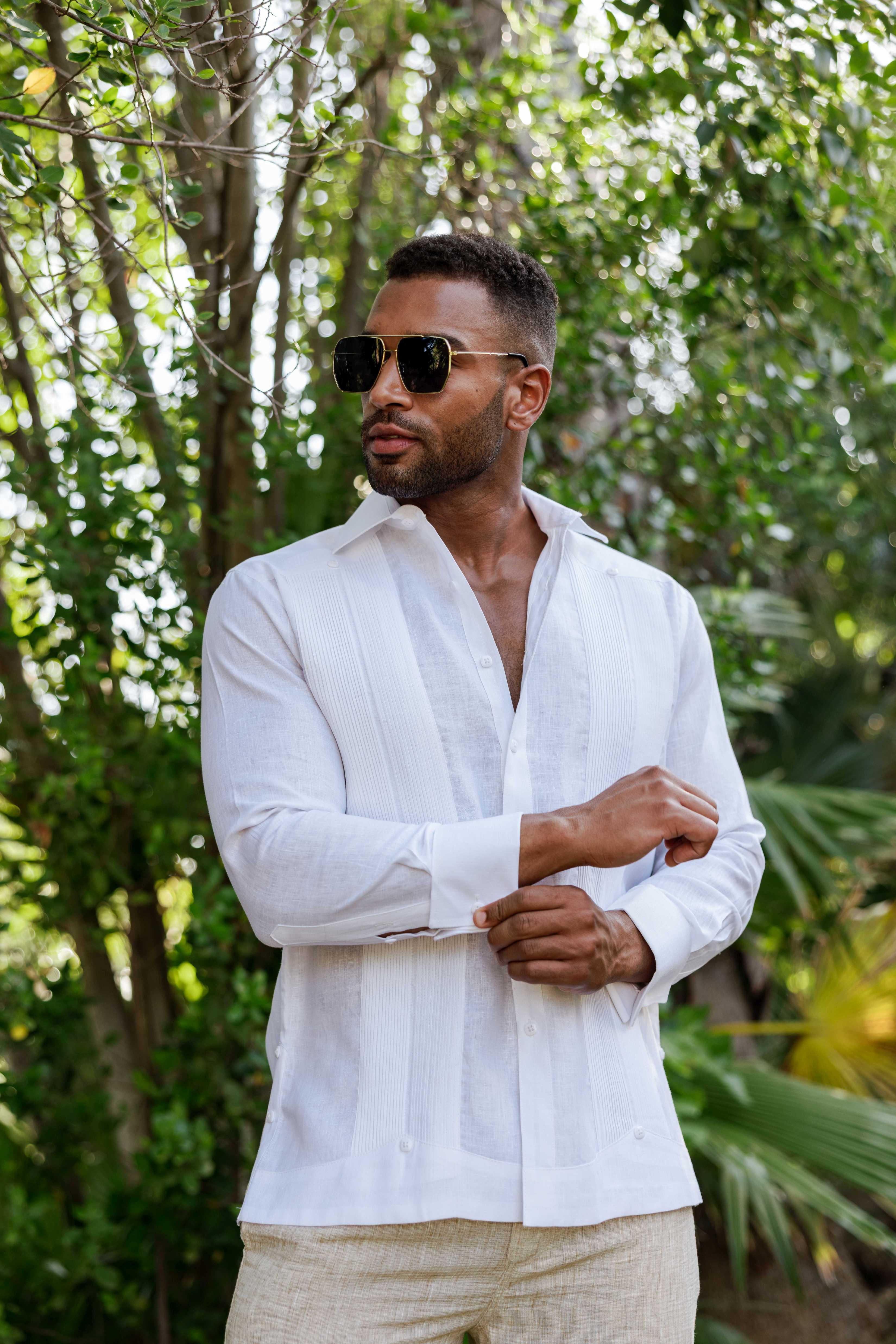 Camisa de boda para hombre 100% lino – Guayabera con pliegues enmarcados y puños franceses