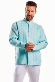 Camisa Guayabera de Cuello Mandarín 100% Lino para Hombre, Manga Larga con Bordado