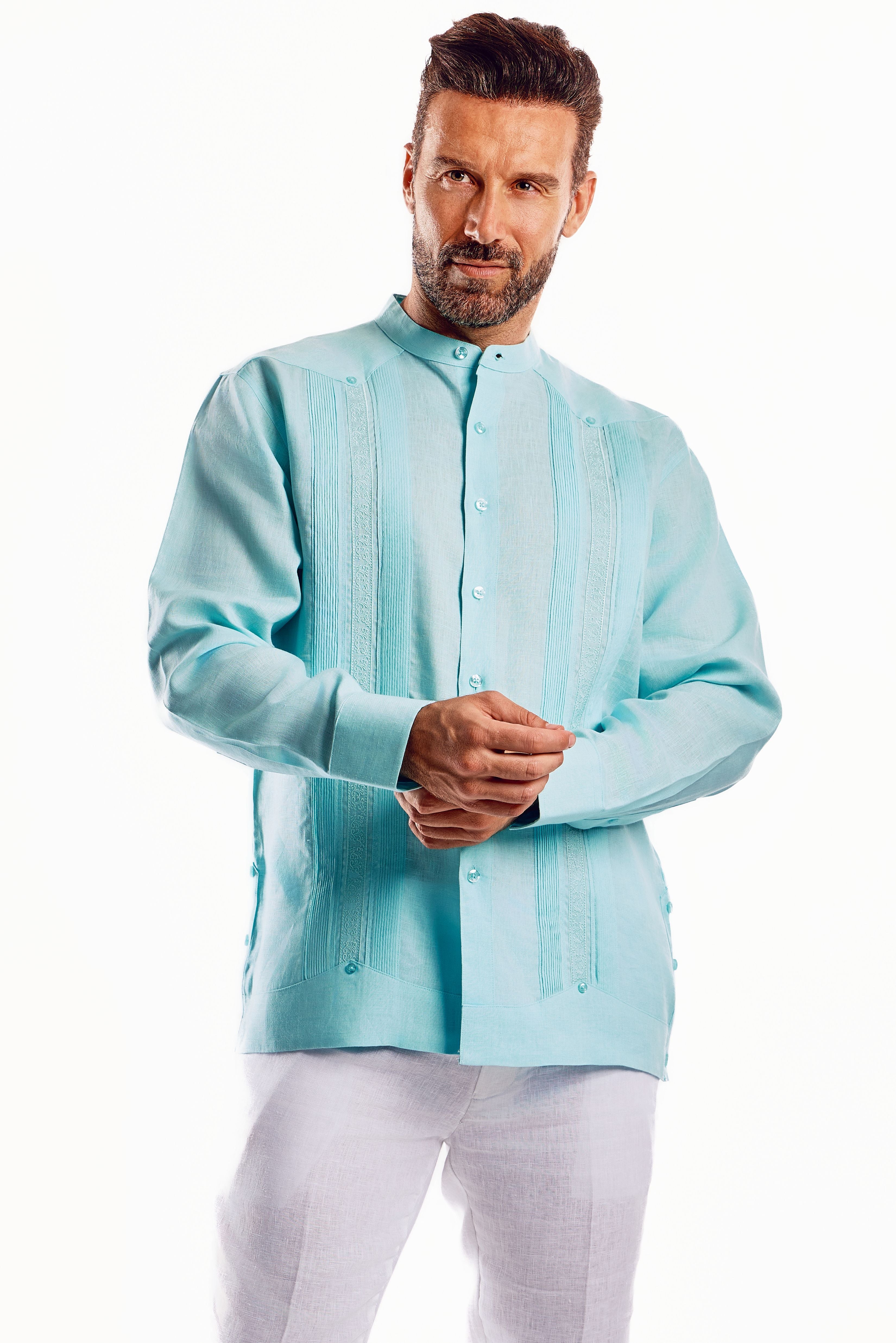 Camisa Guayabera de Cuello Mandarín 100% Lino para Hombre, Manga Larga con Bordado