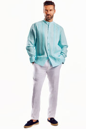 Camisa Guayabera de Cuello Mandarín 100% Lino para Hombre, Manga Larga con Bordado