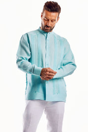 Camisa Guayabera de Cuello Mandarín 100% Lino para Hombre, Manga Larga con Bordado