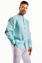 Camisa Guayabera de Cuello Mandarín 100% Lino para Hombre, Manga Larga con Bordado