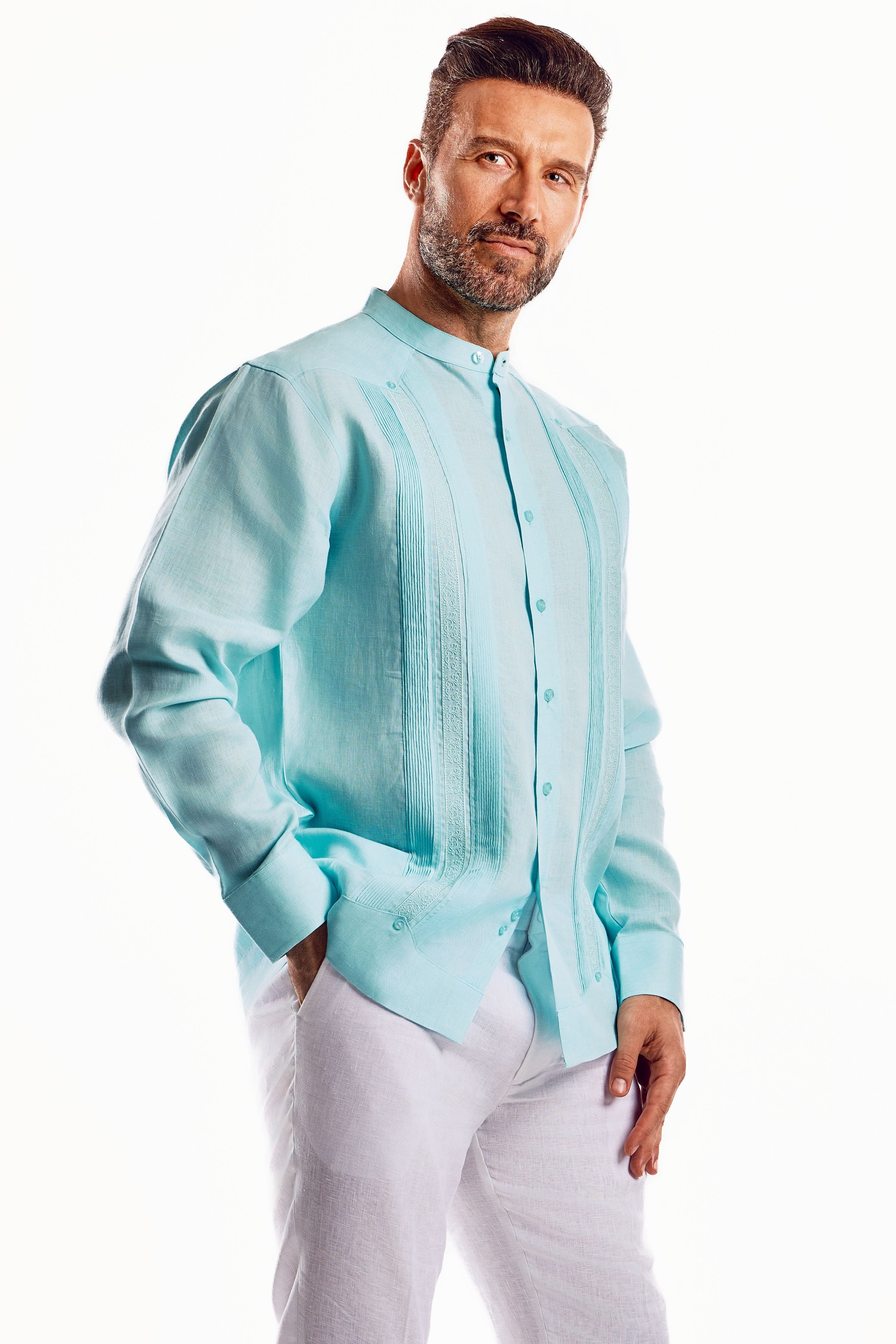 Camisa Guayabera de Cuello Mandarín 100% Lino para Hombre, Manga Larga con Bordado