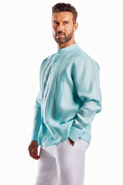 Camisa Guayabera de Cuello Mandarín 100% Lino para Hombre, Manga Larga con Bordado