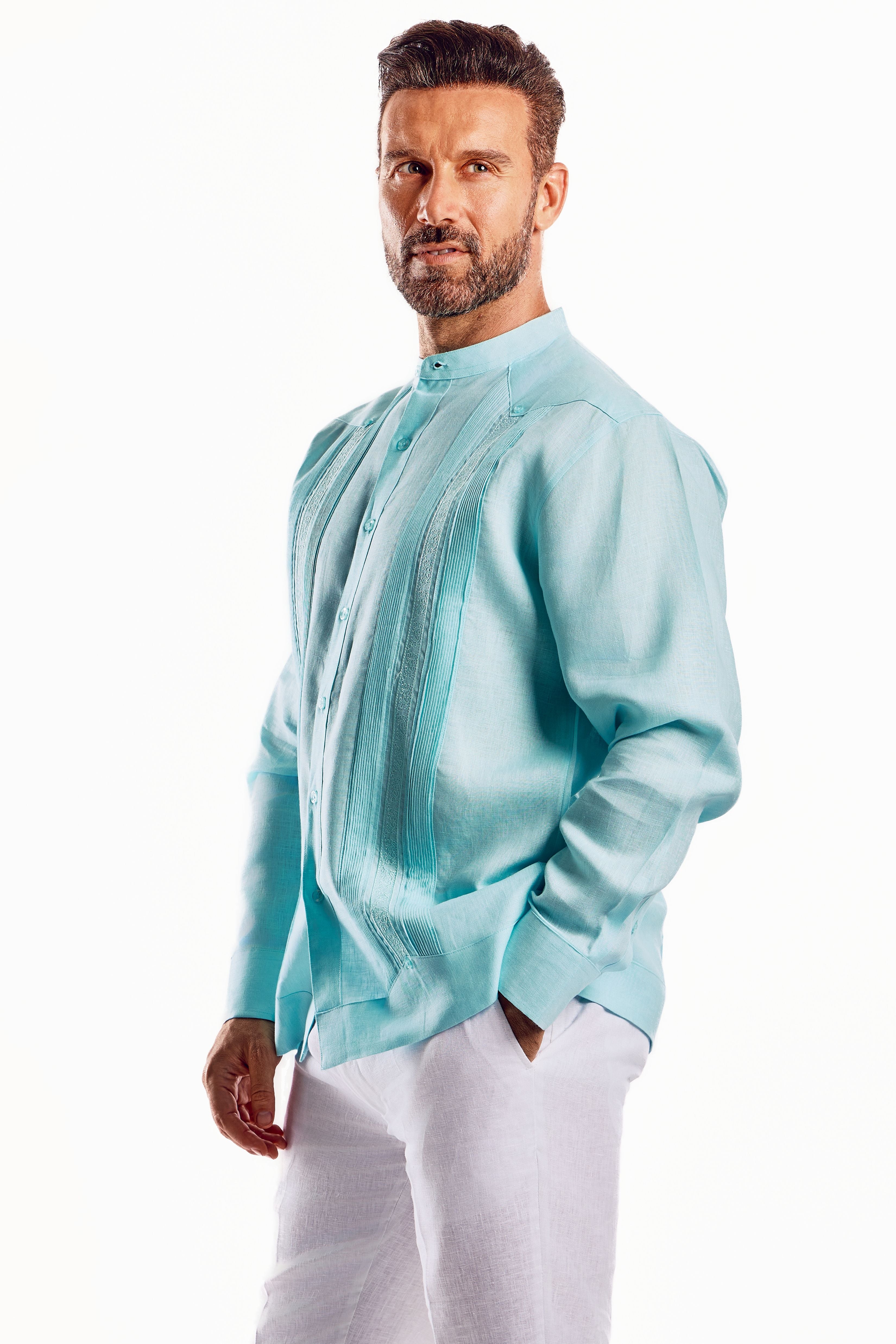 Camisa Guayabera de Cuello Mandarín 100% Lino para Hombre, Manga Larga con Bordado