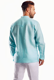 Camisa Guayabera de Cuello Mandarín 100% Lino para Hombre, Manga Larga con Bordado