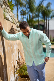 Camisa Guayabera de Cuello Mandarín 100% Lino para Hombre, Manga Larga con Bordado