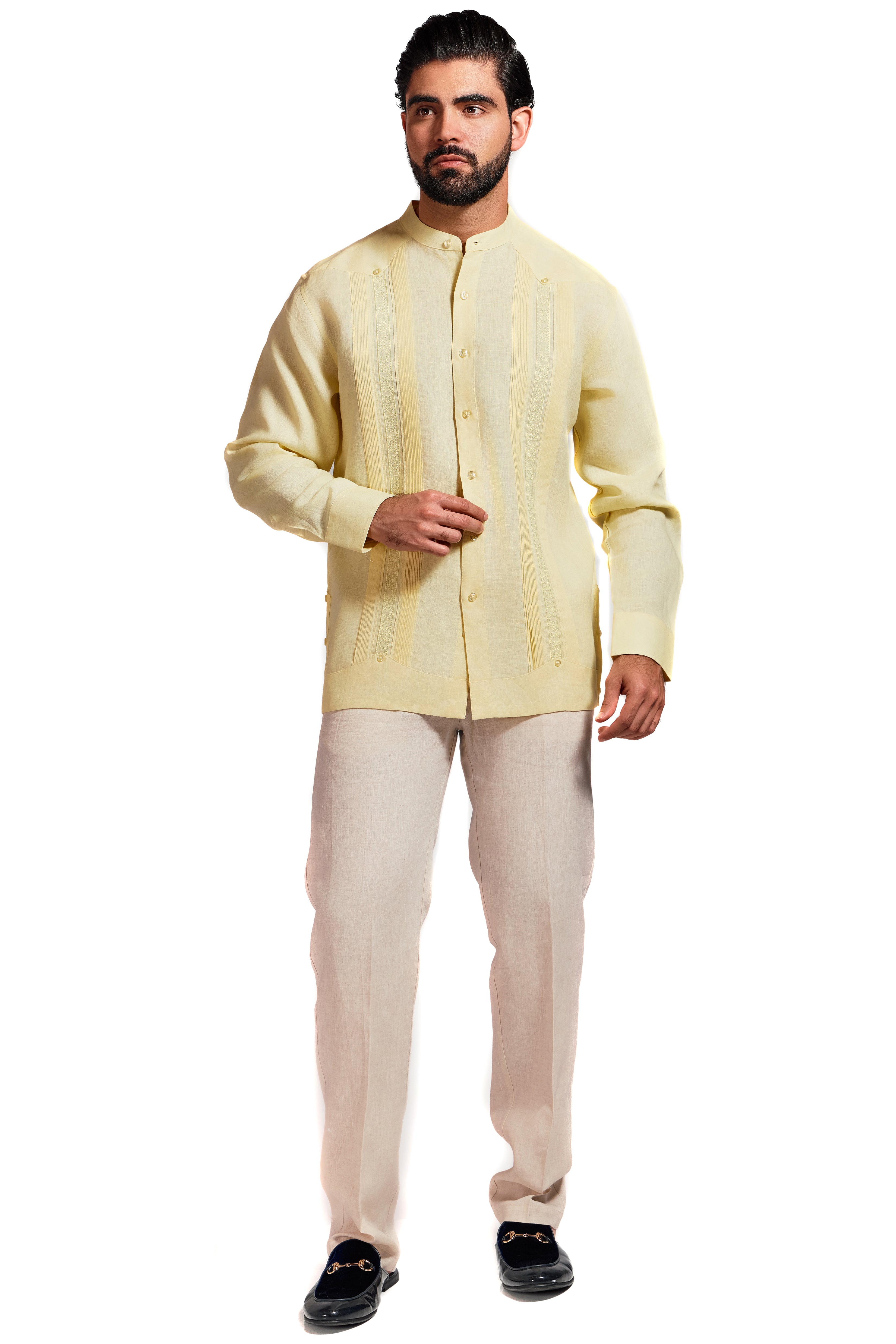 Camisa Guayabera de Cuello Mandarín 100% Lino para Hombre, Manga Larga con Bordado