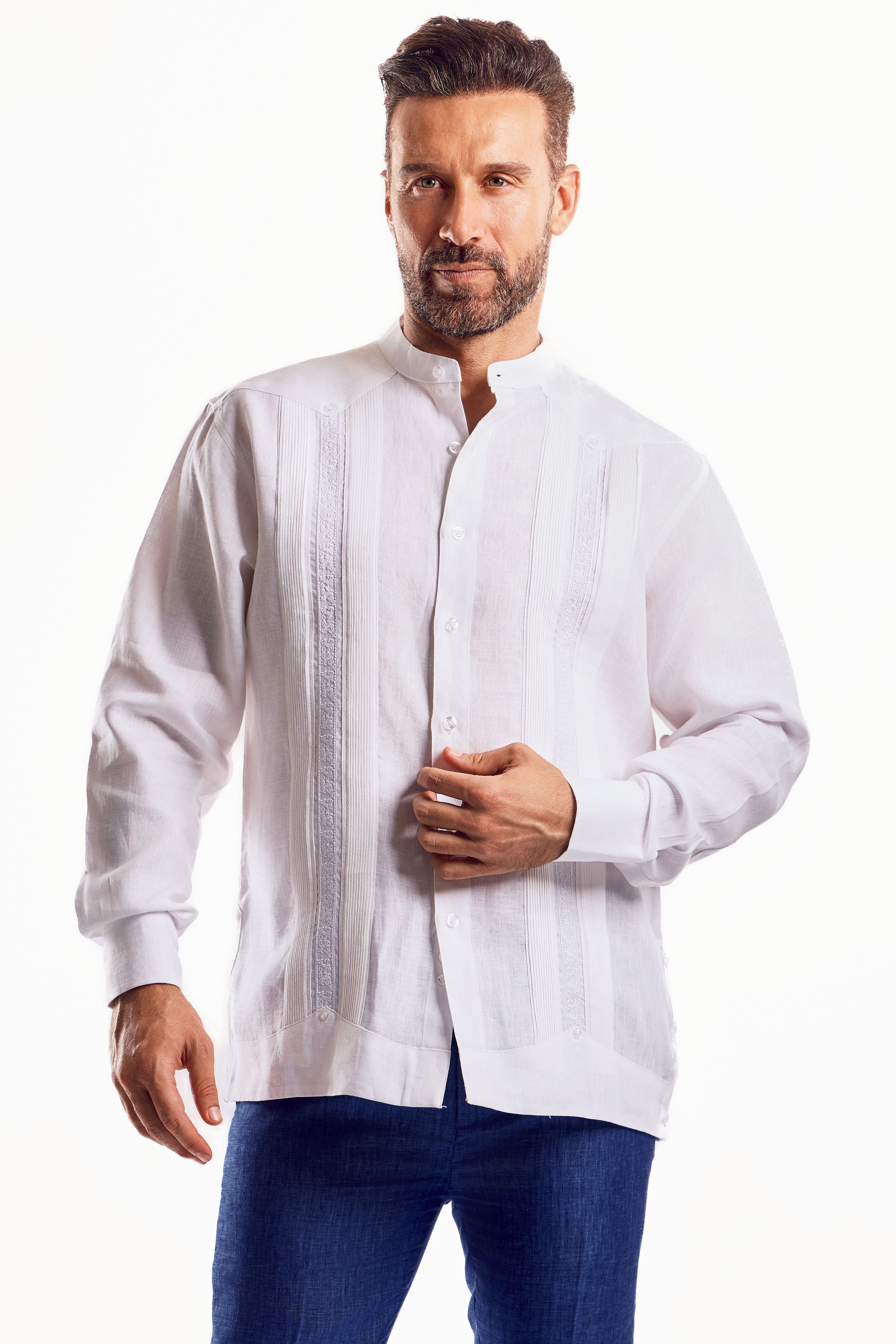 Camisa Guayabera de Cuello Mandarín 100% Lino para Hombre, Manga Larga con Bordado