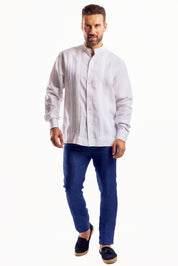 Camisa Guayabera de Cuello Mandarín 100% Lino para Hombre, Manga Larga con Bordado