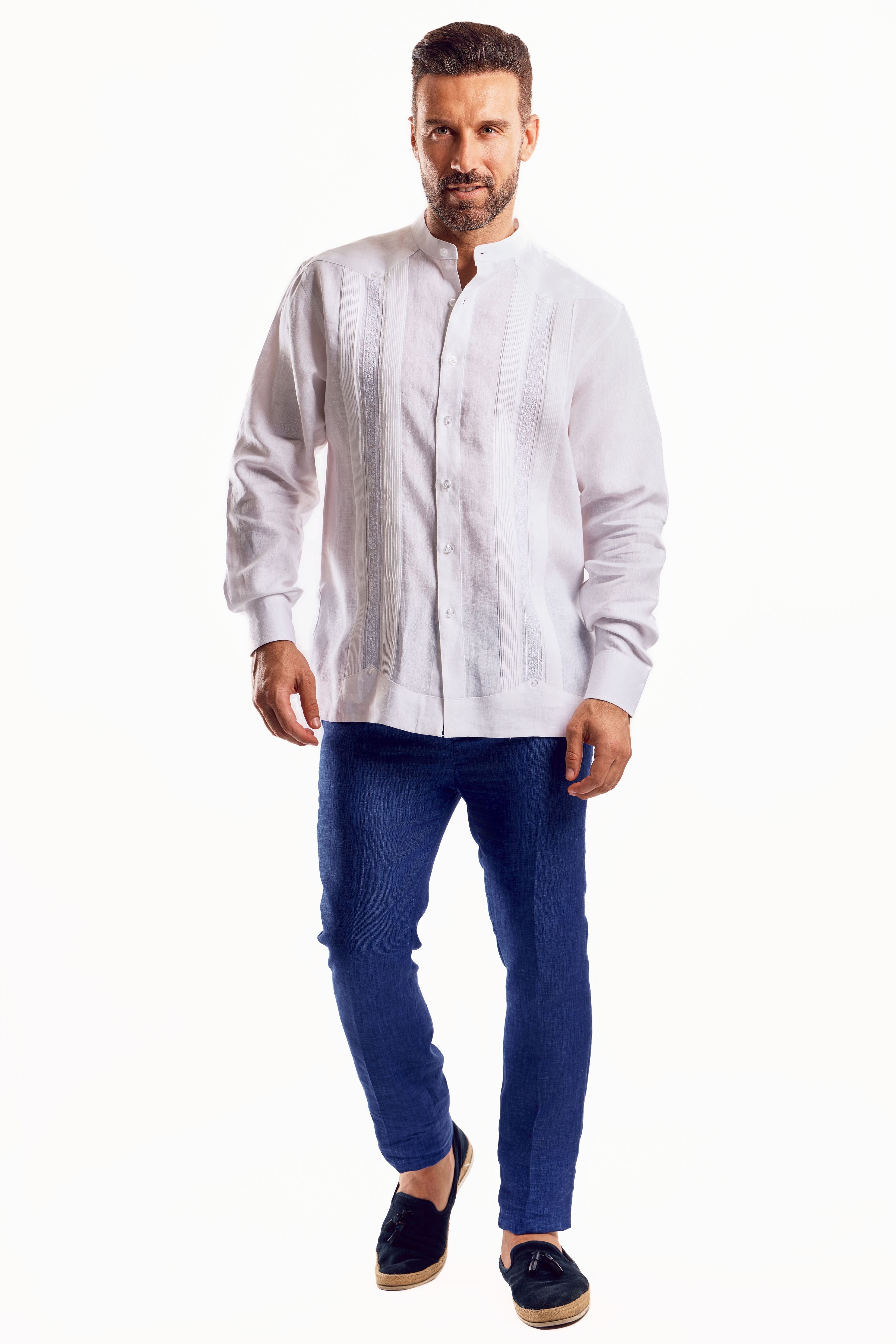 Camisa Guayabera de Cuello Mandarín 100% Lino para Hombre, Manga Larga con Bordado