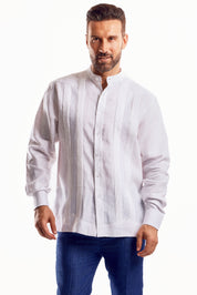 Camisa Guayabera de Cuello Mandarín 100% Lino para Hombre, Manga Larga con Bordado