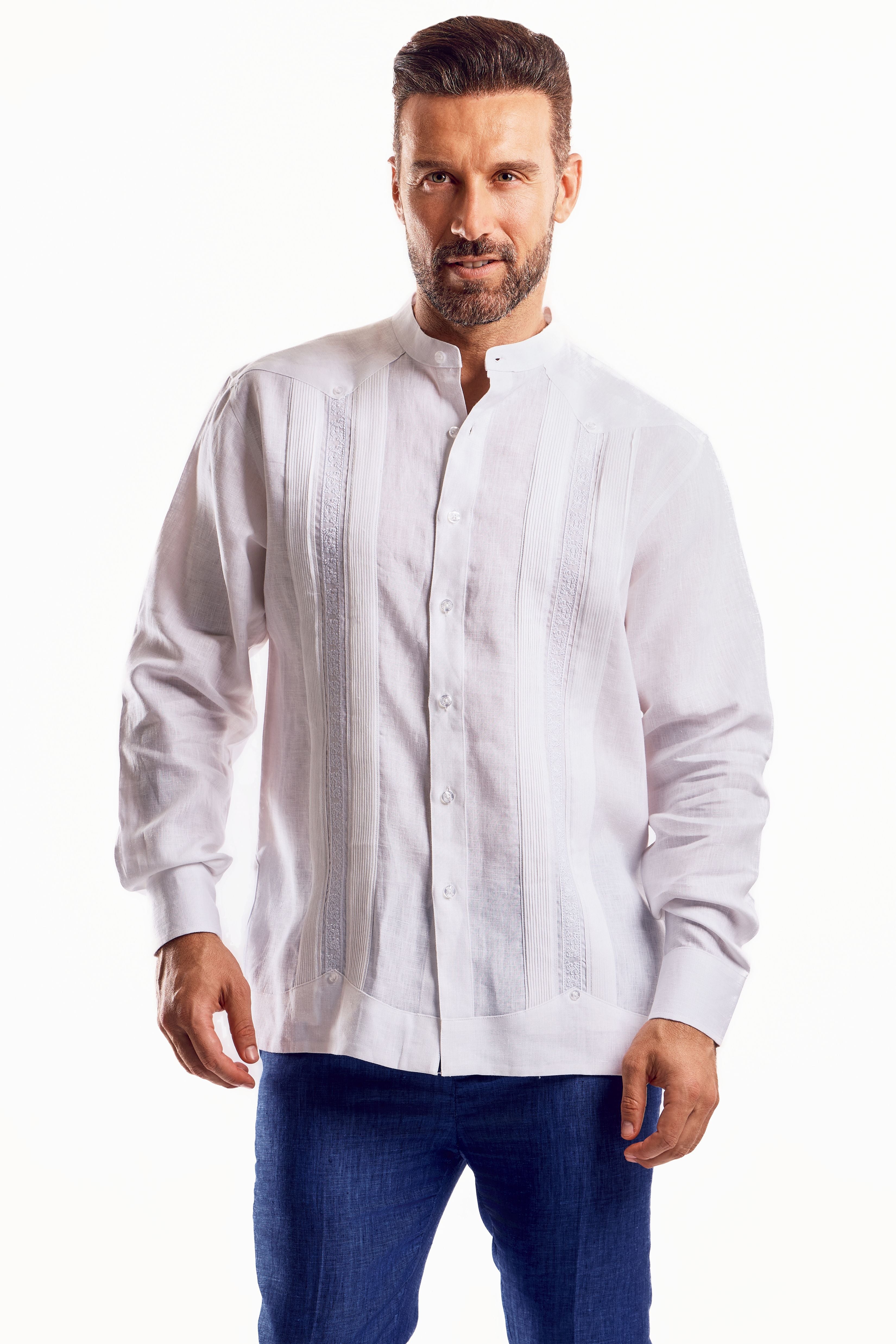 Camisa Guayabera de Cuello Mandarín 100% Lino para Hombre, Manga Larga con Bordado