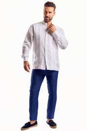 Camisa Guayabera de Cuello Mandarín 100% Lino para Hombre, Manga Larga con Bordado