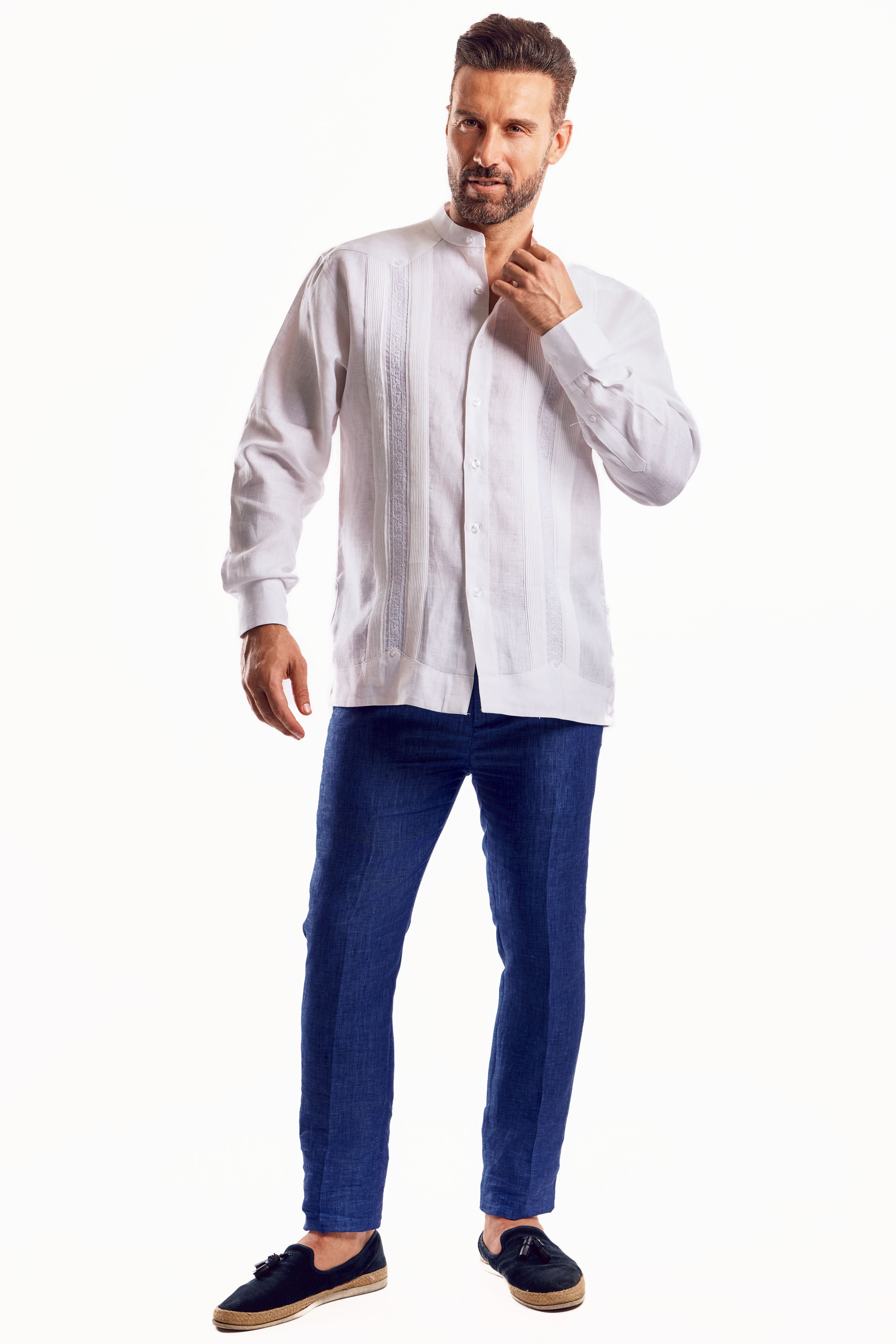 Camisa Guayabera de Cuello Mandarín 100% Lino para Hombre, Manga Larga con Bordado