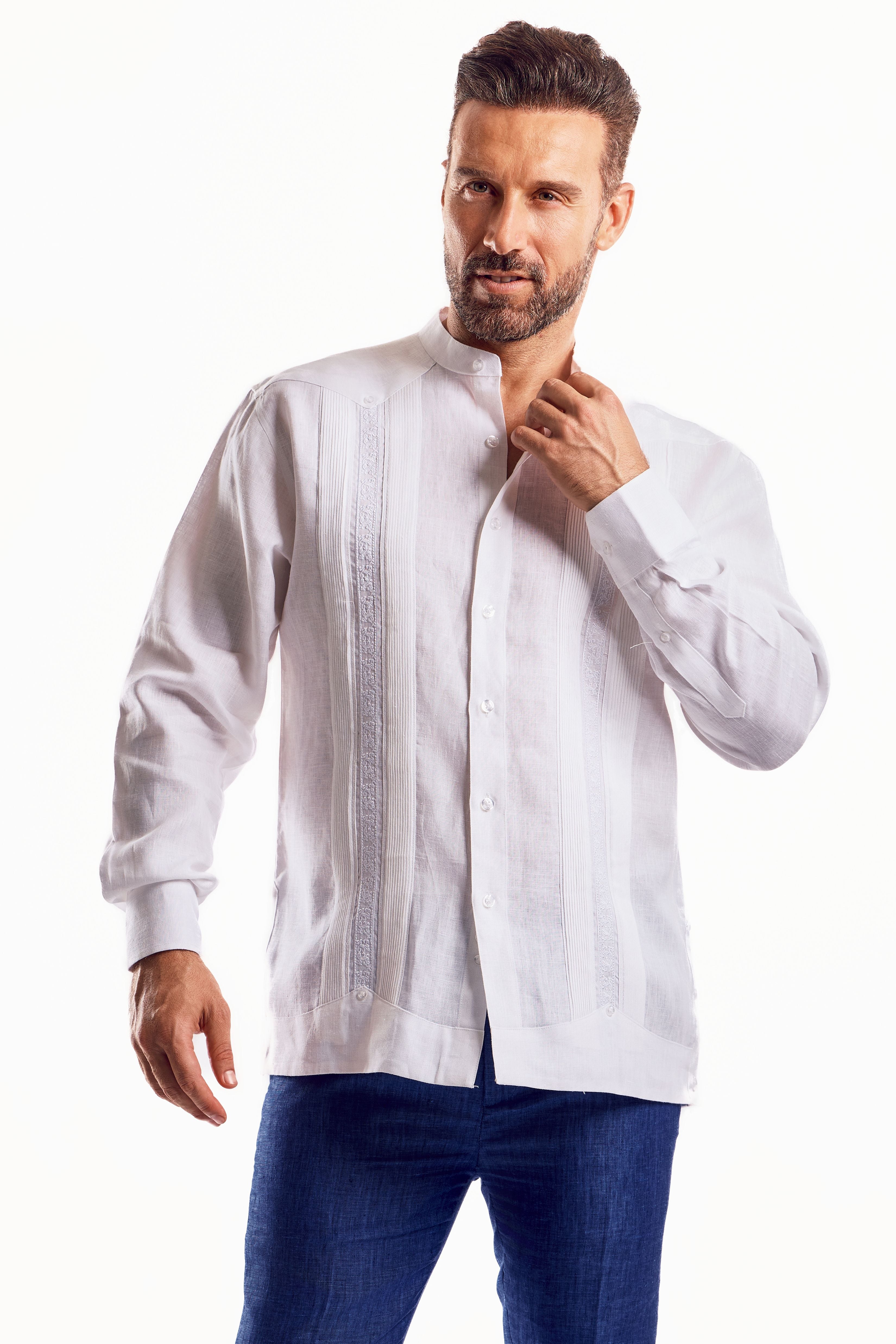 Camisa Guayabera de Cuello Mandarín 100% Lino para Hombre, Manga Larga con Bordado