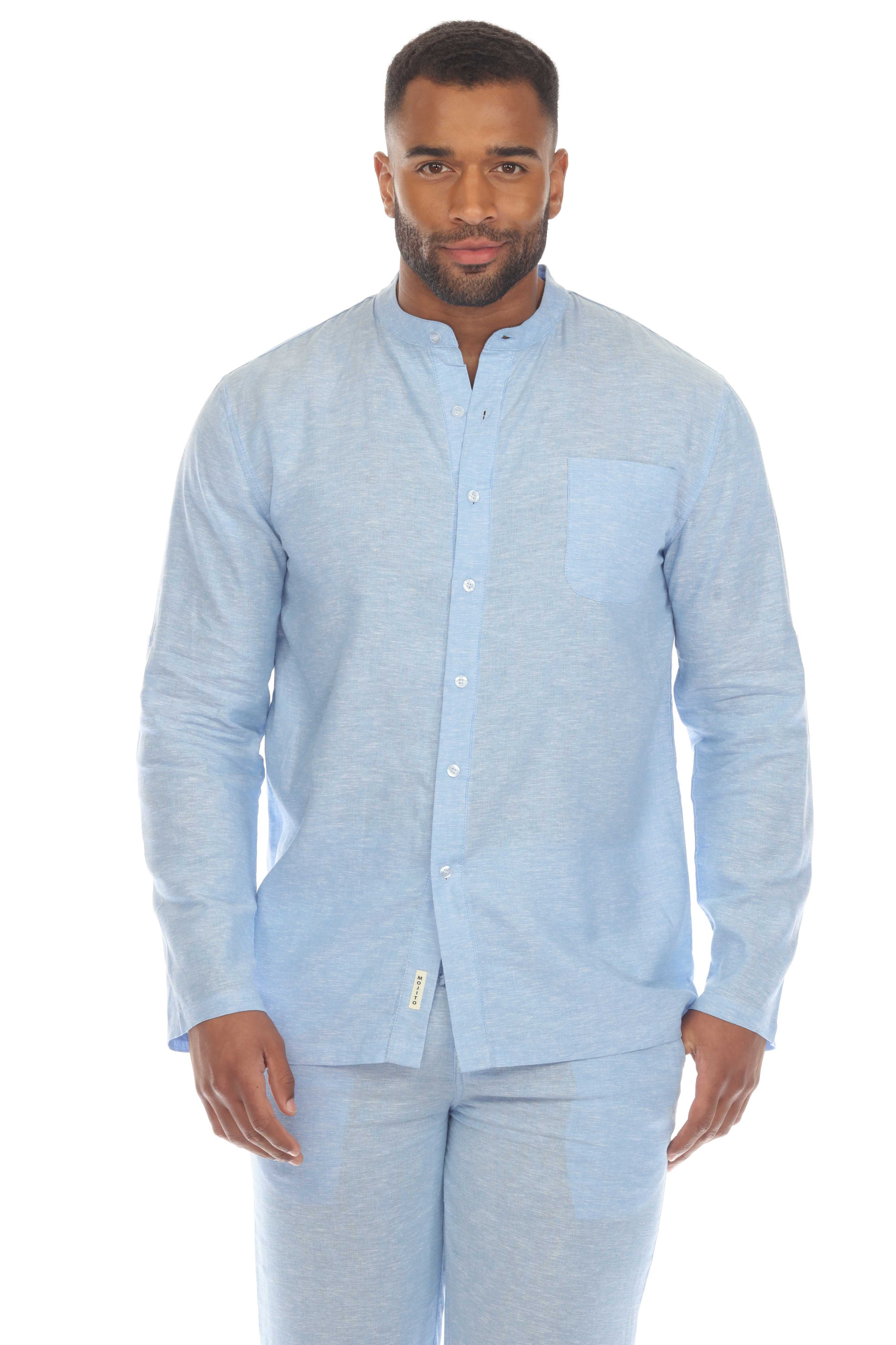 Men's Causal Beach Resort Wear Mandarin Collar Long Sleeve Linen Blend Button Down Shirt