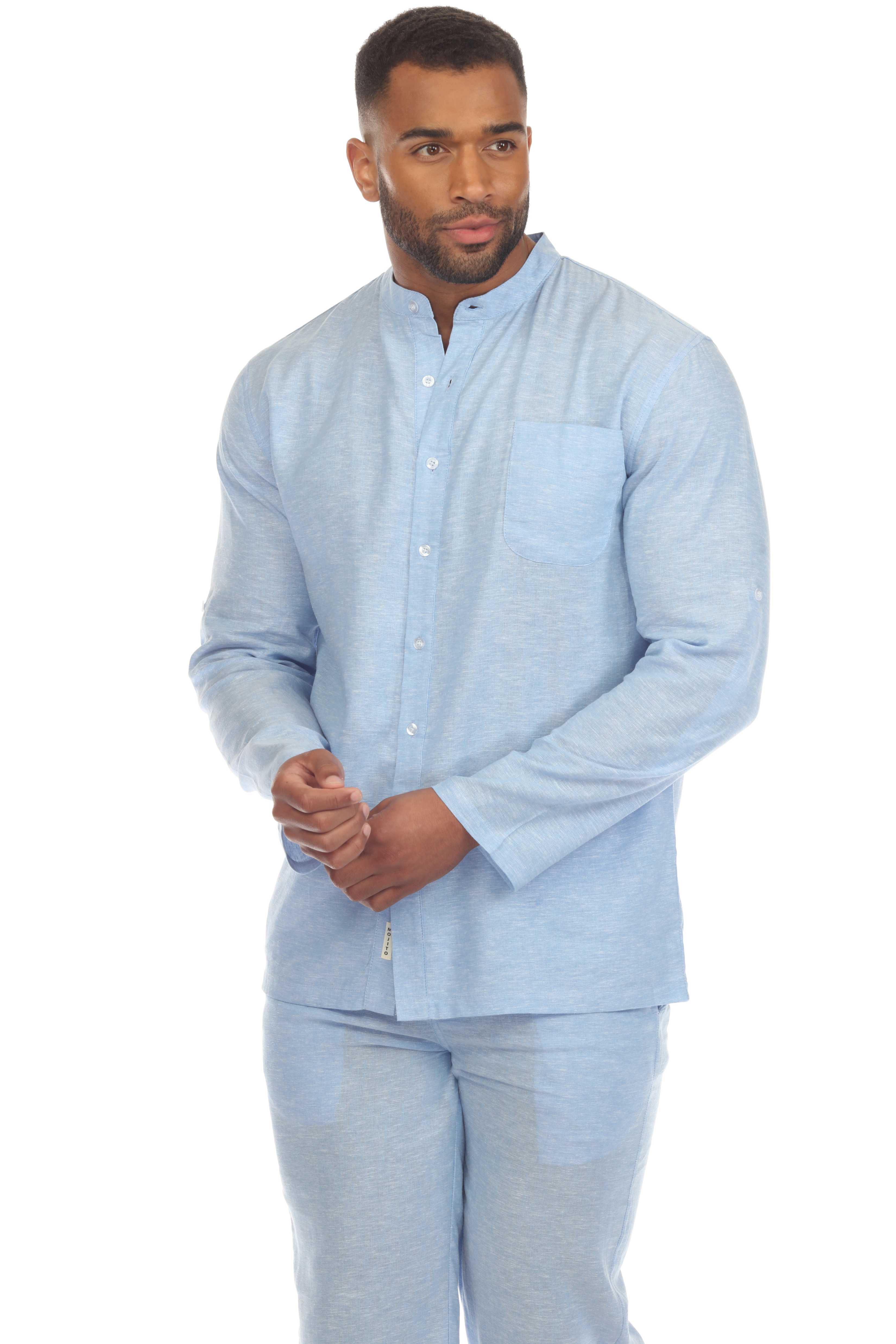 Men's Causal Beach Resort Wear Mandarin Collar Long Sleeve Linen Blend Button Down Shirt