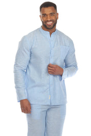 Men's Causal Beach Resort Wear Mandarin Collar Long Sleeve Linen Blend Button Down Shirt
