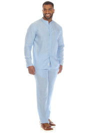 Men's Causal Beach Resort Wear Mandarin Collar Long Sleeve Linen Blend Button Down Shirt