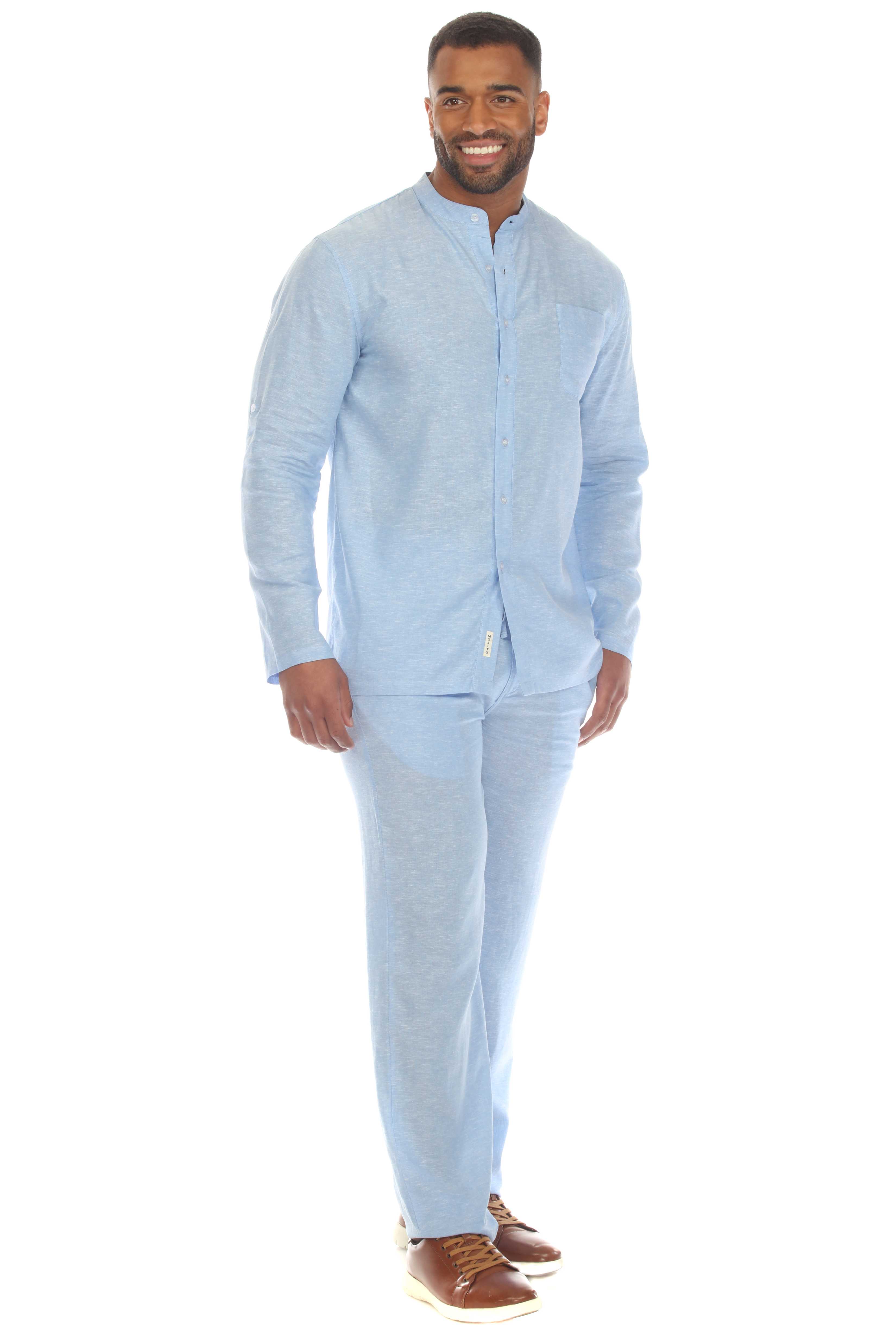 Men's Causal Beach Resort Wear Mandarin Collar Long Sleeve Linen Blend Button Down Shirt