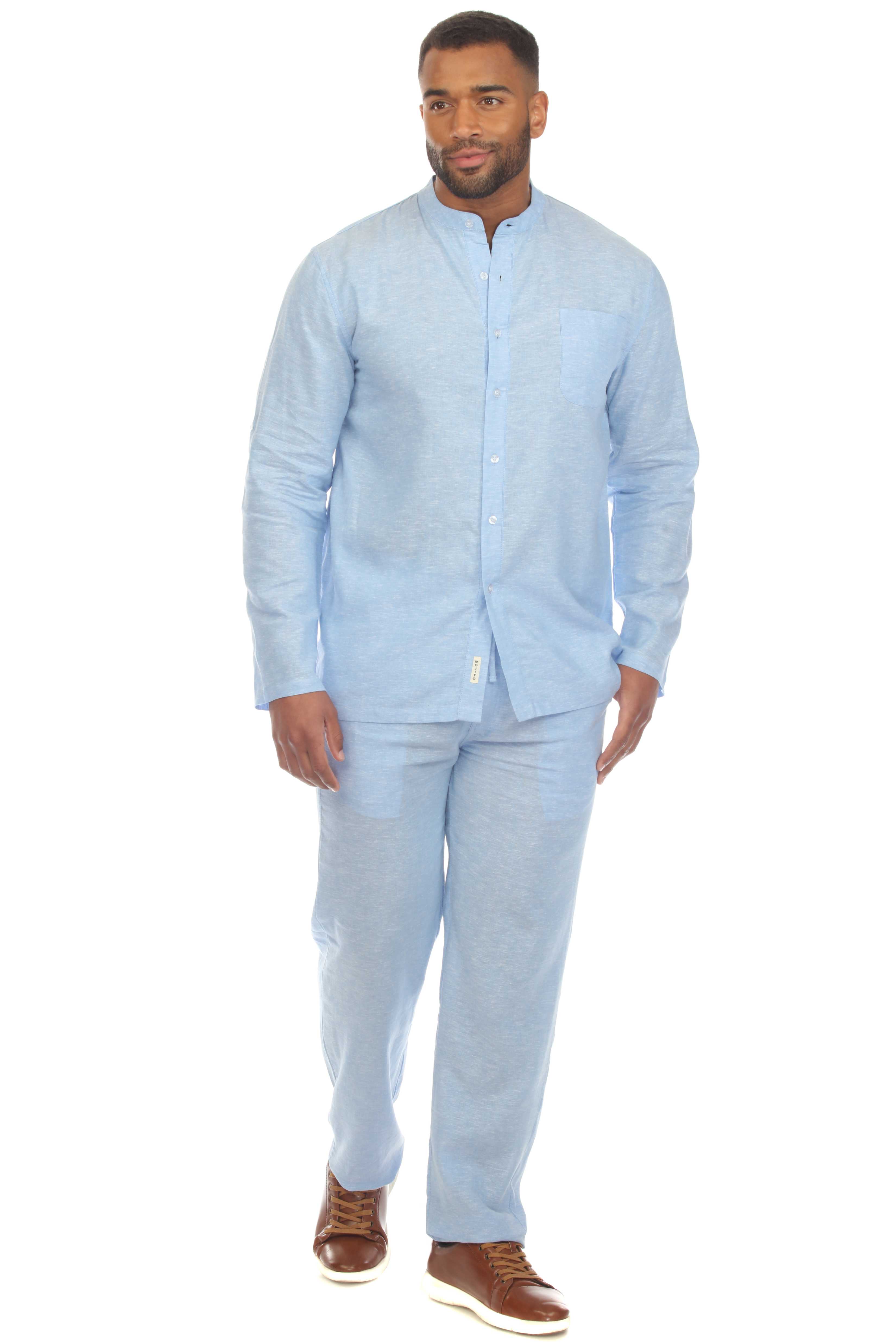 Men's Causal Beach Resort Wear Mandarin Collar Long Sleeve Linen Blend Button Down Shirt