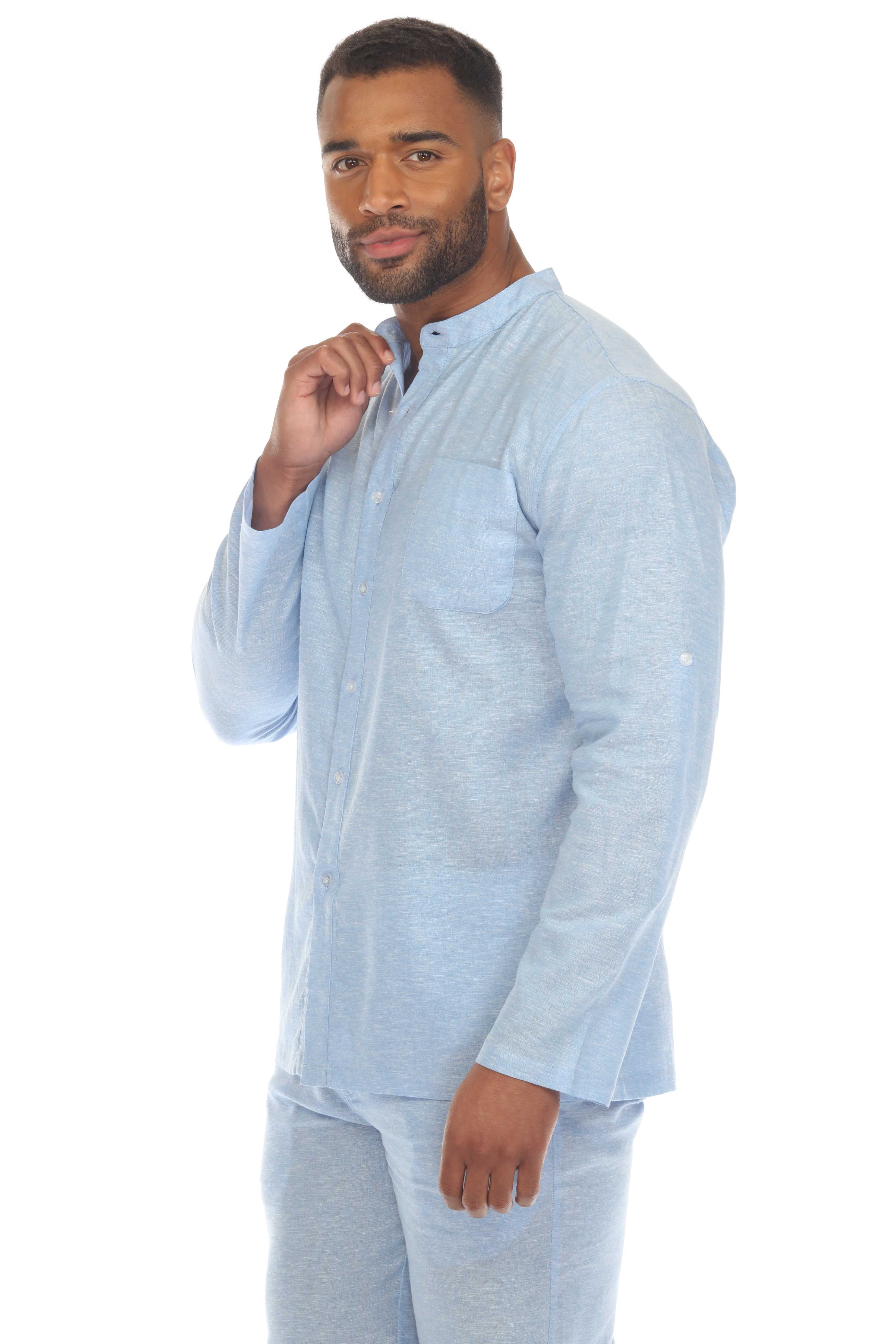Men's Causal Beach Resort Wear Mandarin Collar Long Sleeve Linen Blend Button Down Shirt