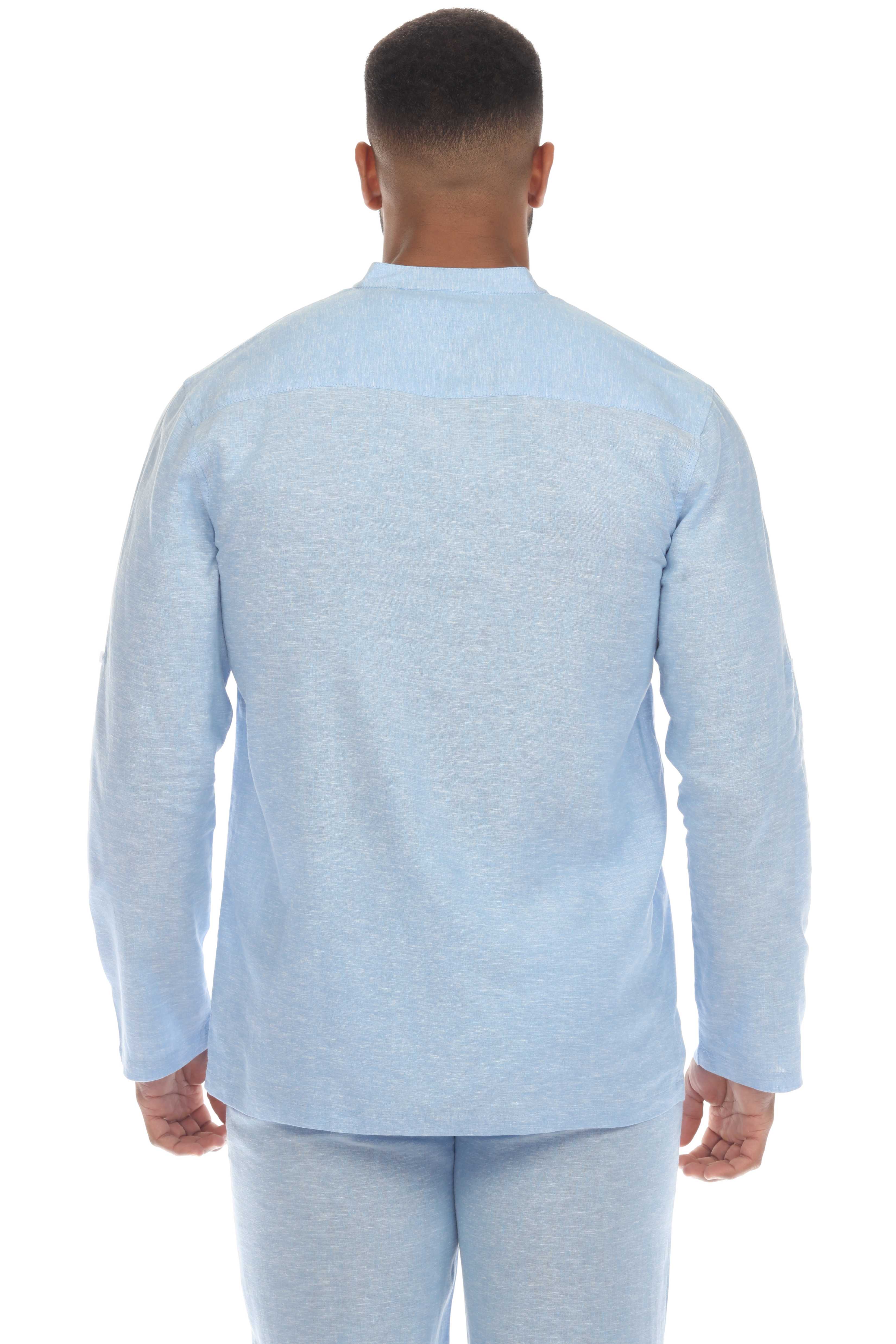 Men's Causal Beach Resort Wear Mandarin Collar Long Sleeve Linen Blend Button Down Shirt