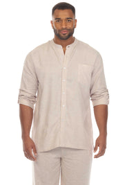 Men's Causal Beach Resort Wear Mandarin Collar Long Sleeve Linen Blend Button Down Shirt