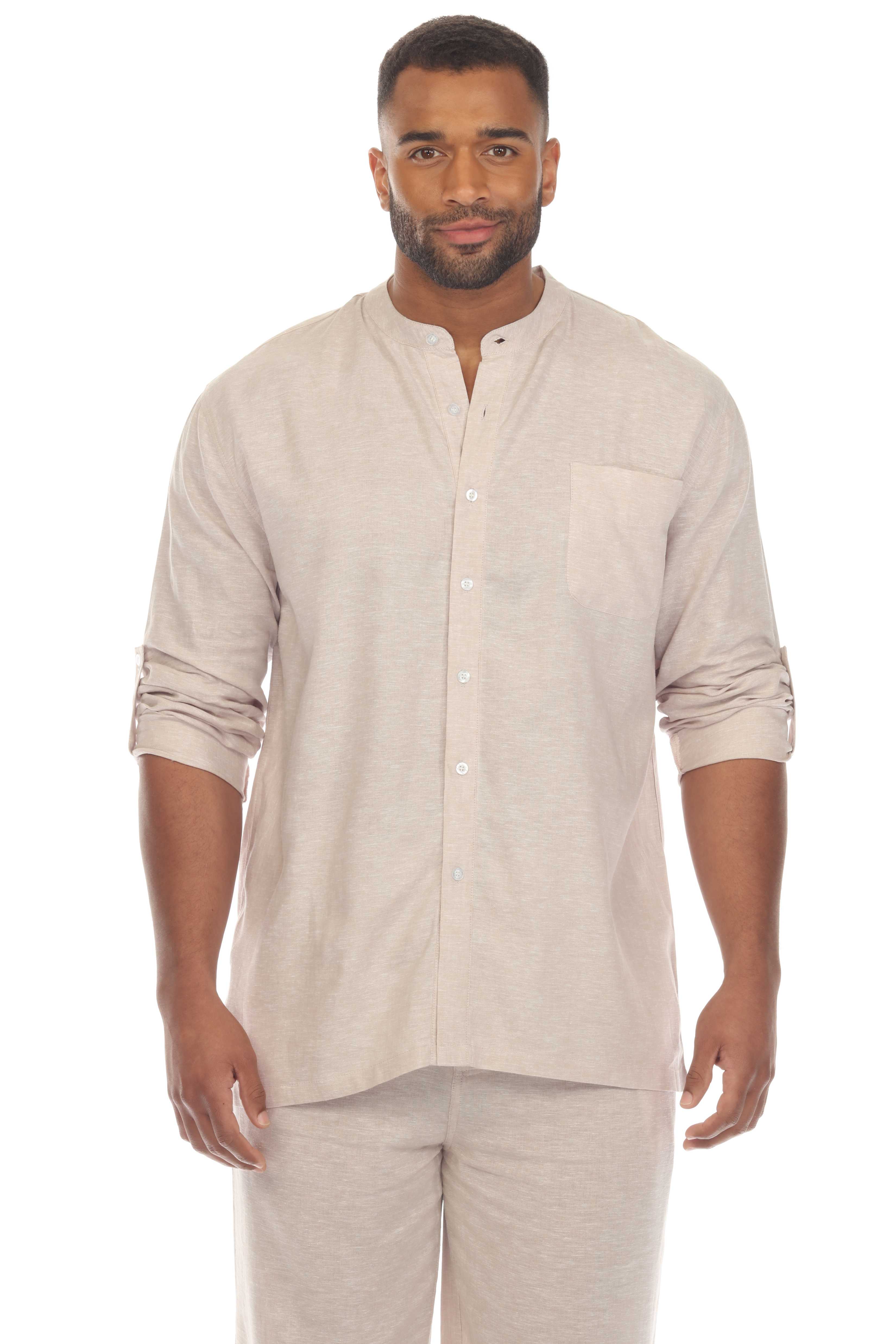 Men's Causal Beach Resort Wear Mandarin Collar Long Sleeve Linen Blend Button Down Shirt