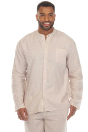 Men's Causal Beach Resort Wear Mandarin Collar Long Sleeve Linen Blend Button Down Shirt