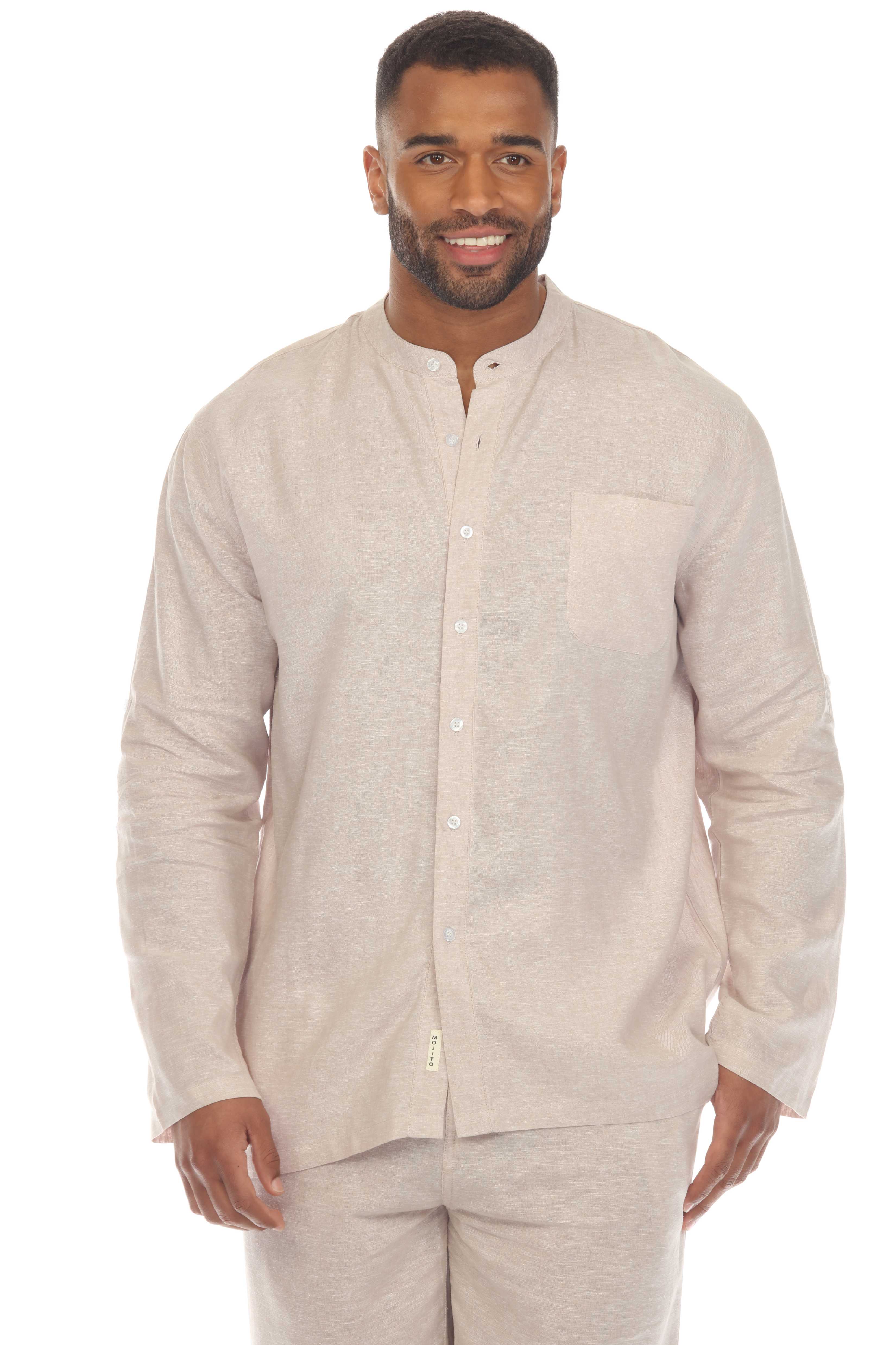 Men's Causal Beach Resort Wear Mandarin Collar Long Sleeve Linen Blend Button Down Shirt