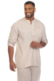 Men's Causal Beach Resort Wear Mandarin Collar Long Sleeve Linen Blend Button Down Shirt