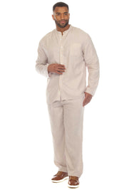 Men's Causal Beach Resort Wear Mandarin Collar Long Sleeve Linen Blend Button Down Shirt