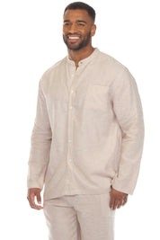 Men's Causal Beach Resort Wear Mandarin Collar Long Sleeve Linen Blend Button Down Shirt