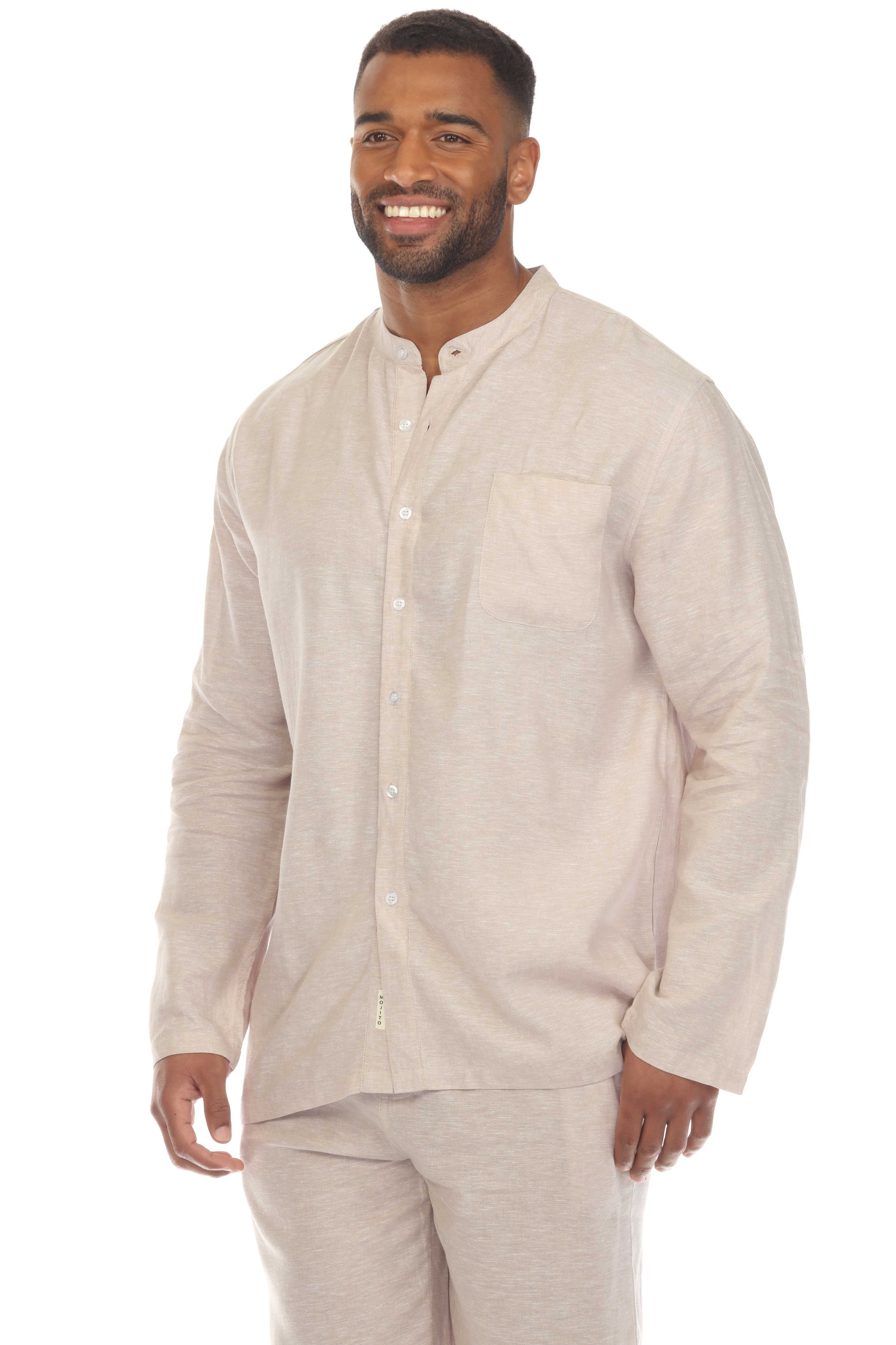 Men's Causal Beach Resort Wear Mandarin Collar Long Sleeve Linen Blend Button Down Shirt