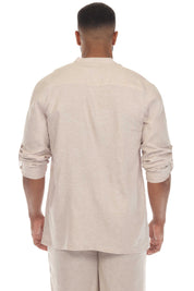 Men's Causal Beach Resort Wear Mandarin Collar Long Sleeve Linen Blend Button Down Shirt