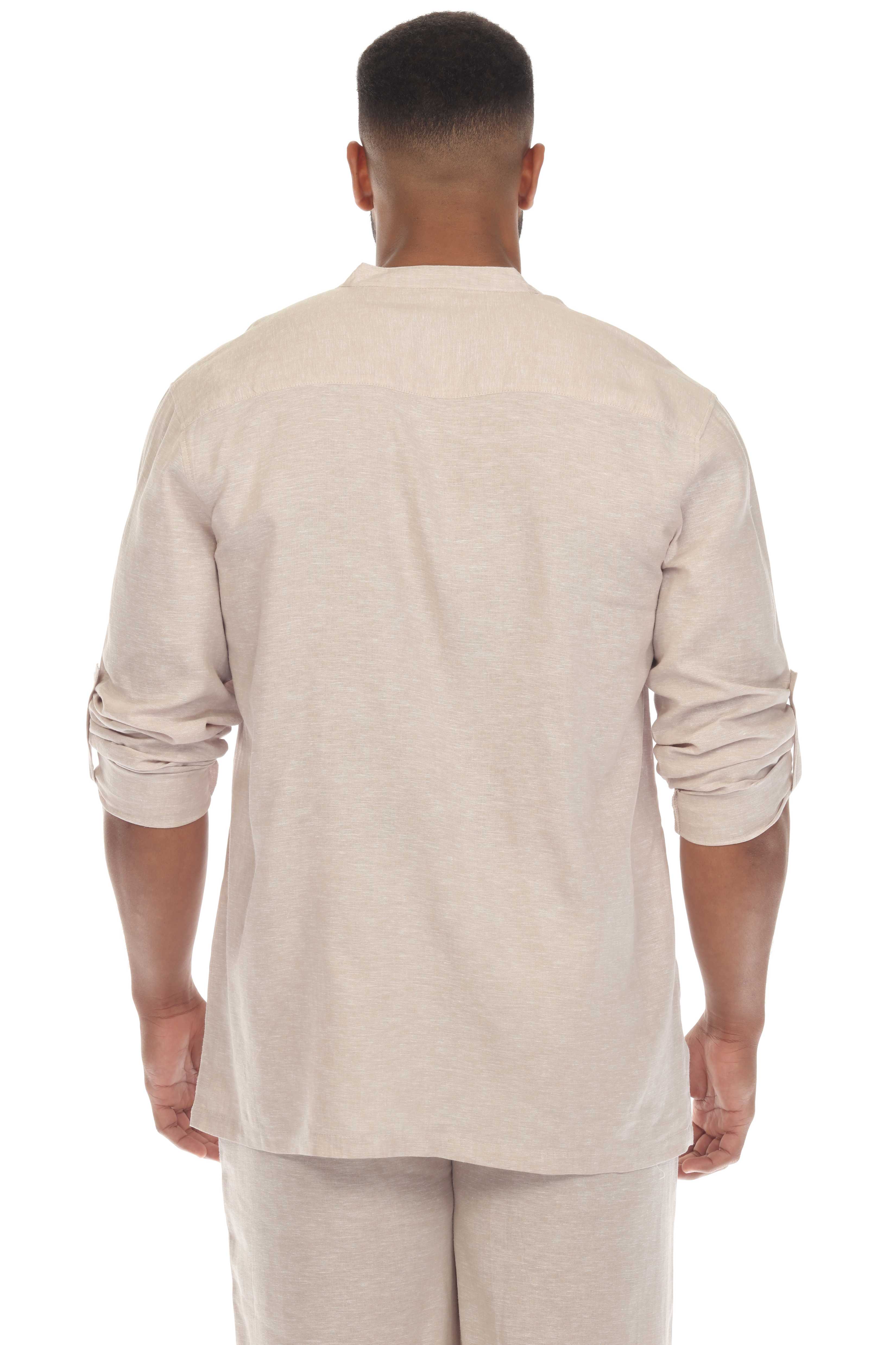 Men's Causal Beach Resort Wear Mandarin Collar Long Sleeve Linen Blend Button Down Shirt