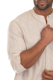 Men's Causal Beach Resort Wear Mandarin Collar Long Sleeve Linen Blend Button Down Shirt