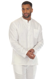 Men's Causal Beach Resort Wear Mandarin Collar Long Sleeve Linen Blend Button Down Shirt