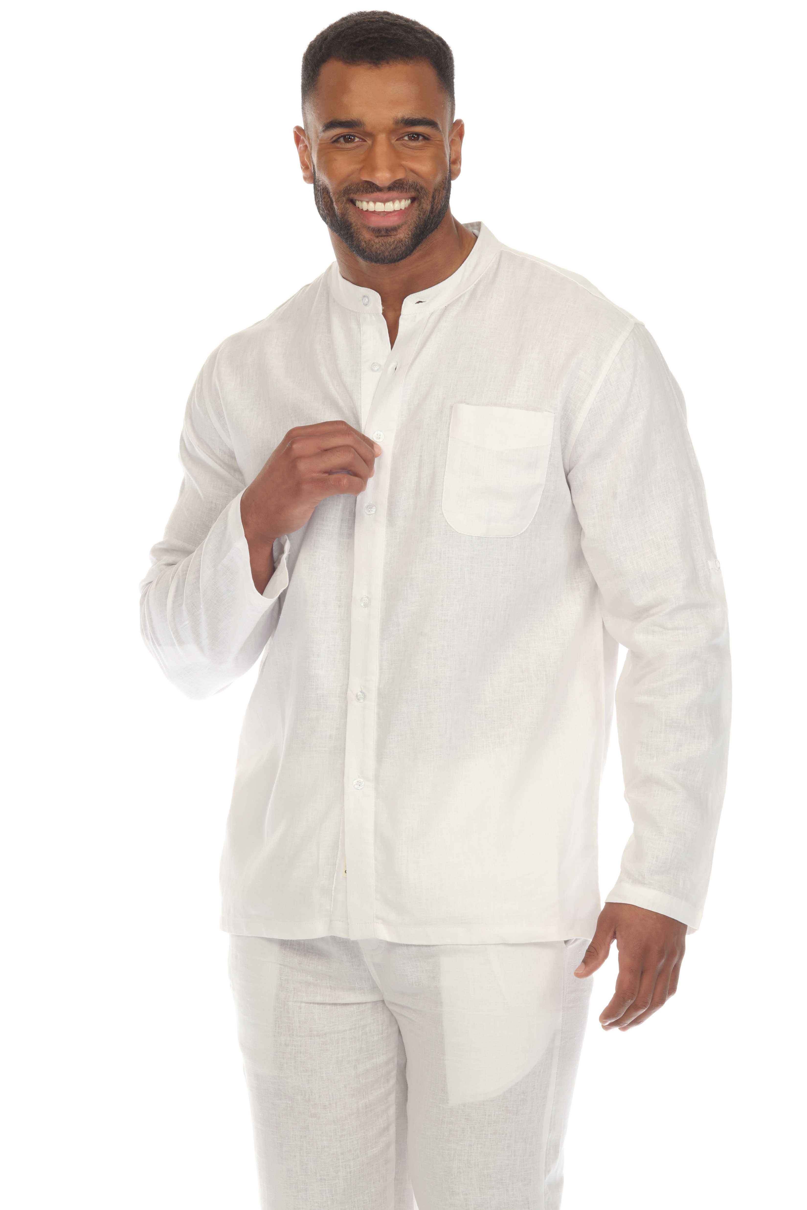 Men's Causal Beach Resort Wear Mandarin Collar Long Sleeve Linen Blend Button Down Shirt