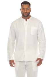 Men's Causal Beach Resort Wear Mandarin Collar Long Sleeve Linen Blend Button Down Shirt