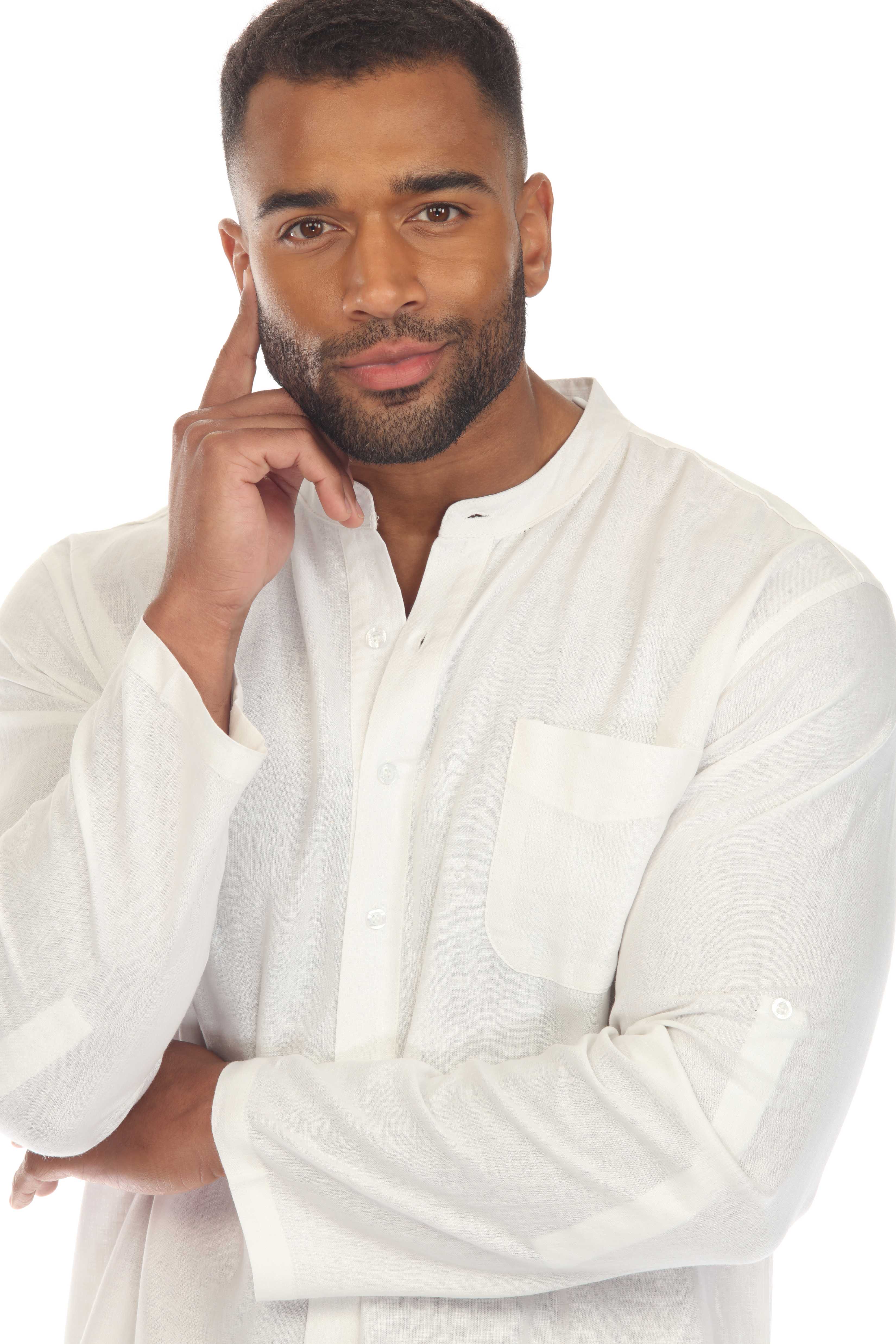 Men's Causal Beach Resort Wear Mandarin Collar Long Sleeve Linen Blend Button Down Shirt