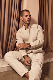 Camisa formal tipo guayabera de manga larga plisada con puños franceses para hombre, 100 % lino